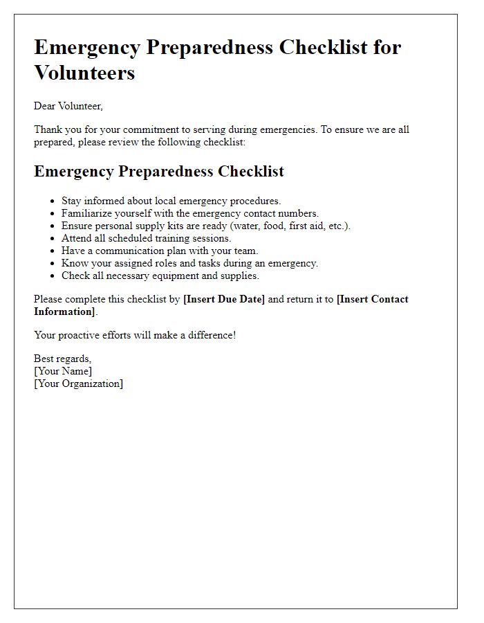 Letter template of emergency preparedness checklist for volunteers.