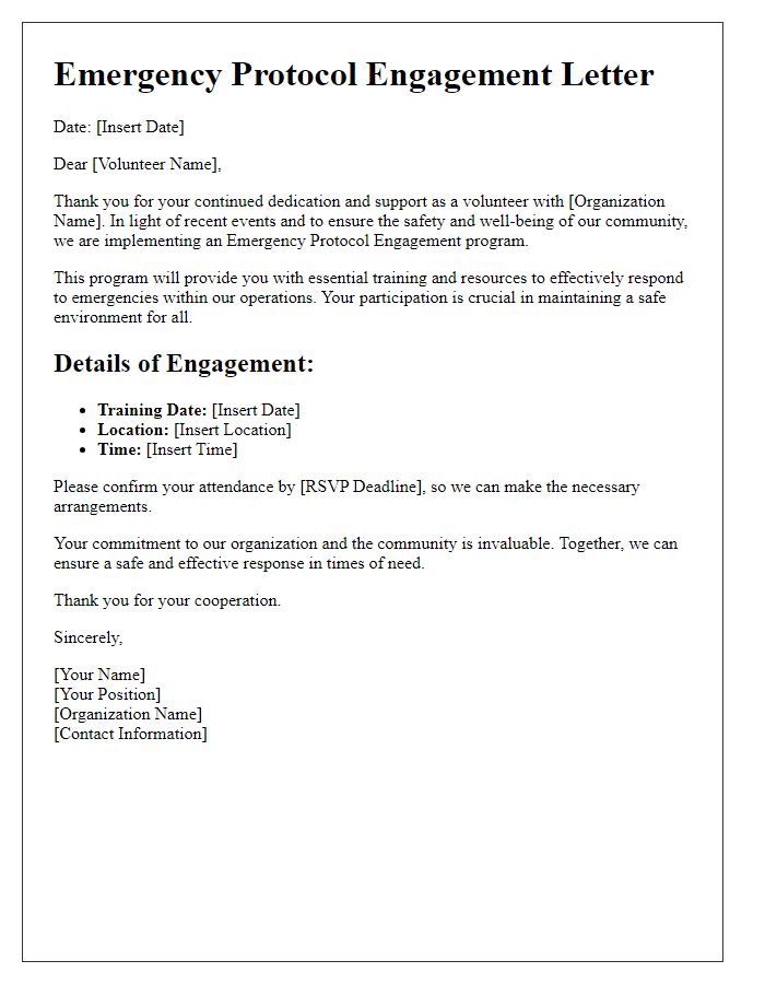 Letter template of emergency protocol engagement for volunteers.