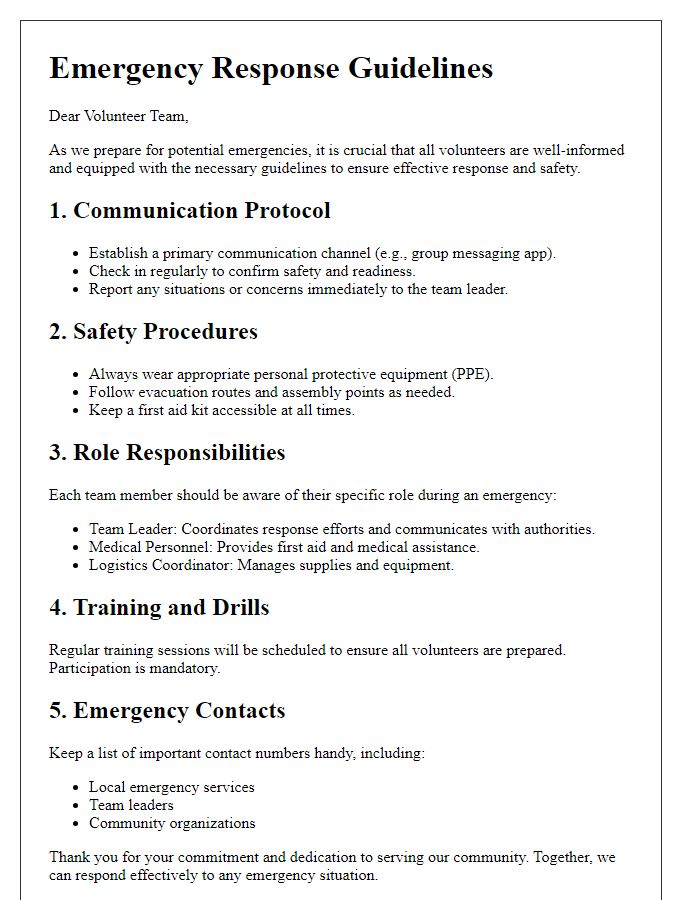 Letter template of emergency response guidelines for volunteer teams.