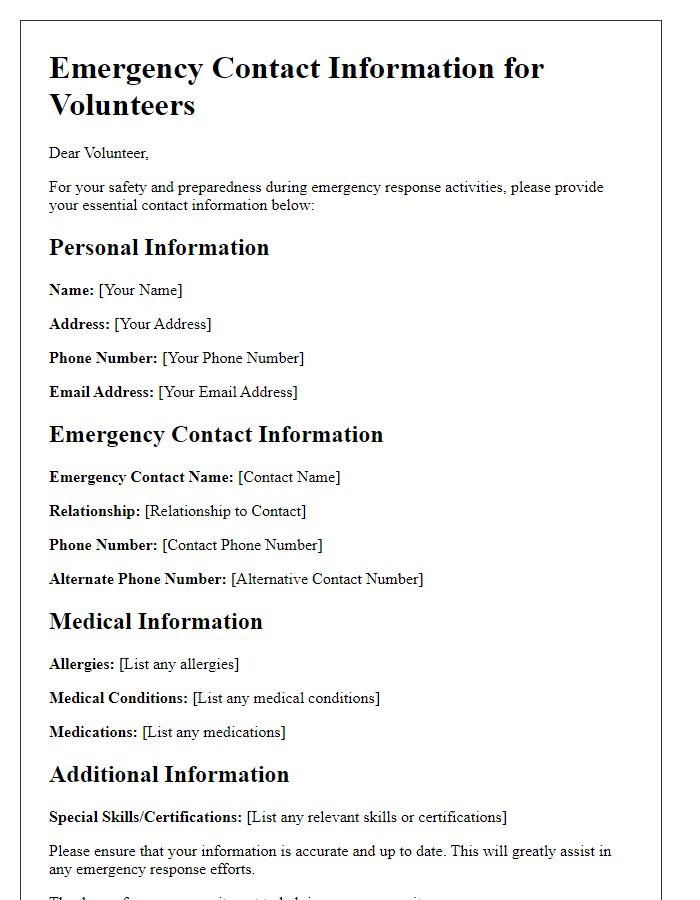 Letter template of essential contact information for volunteer emergency response.