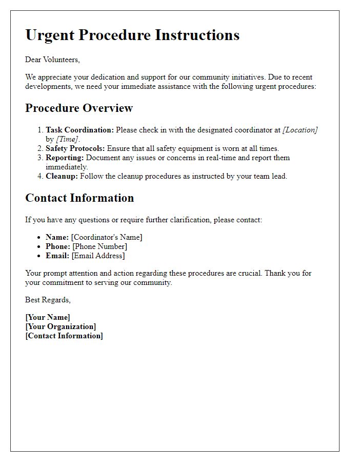 Letter template of urgent procedure instructions for community volunteers.