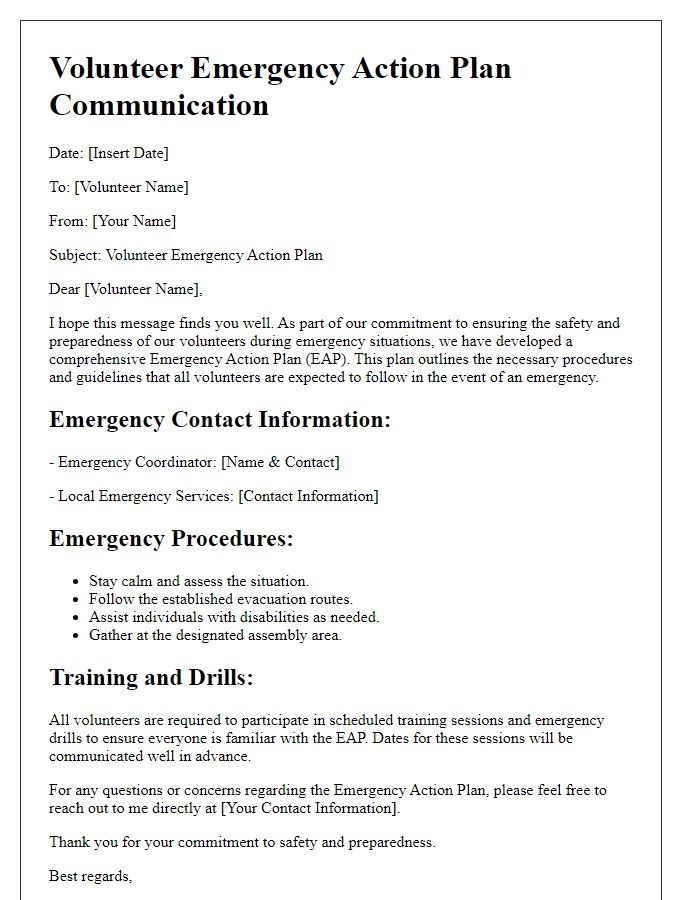 Letter template of volunteer emergency action plan communication.