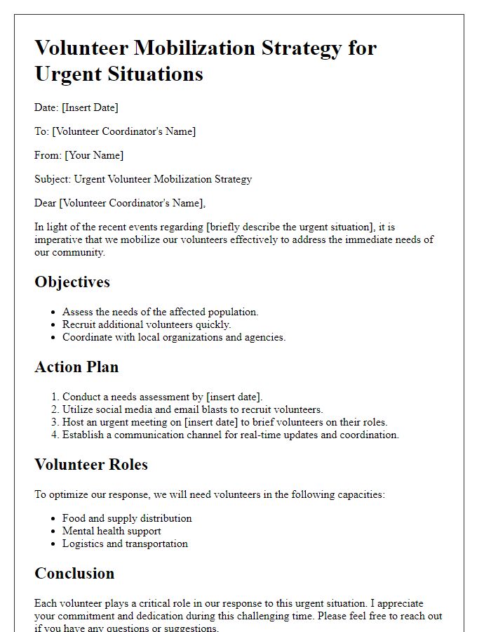 Letter template of volunteer mobilization strategy for urgent situations.