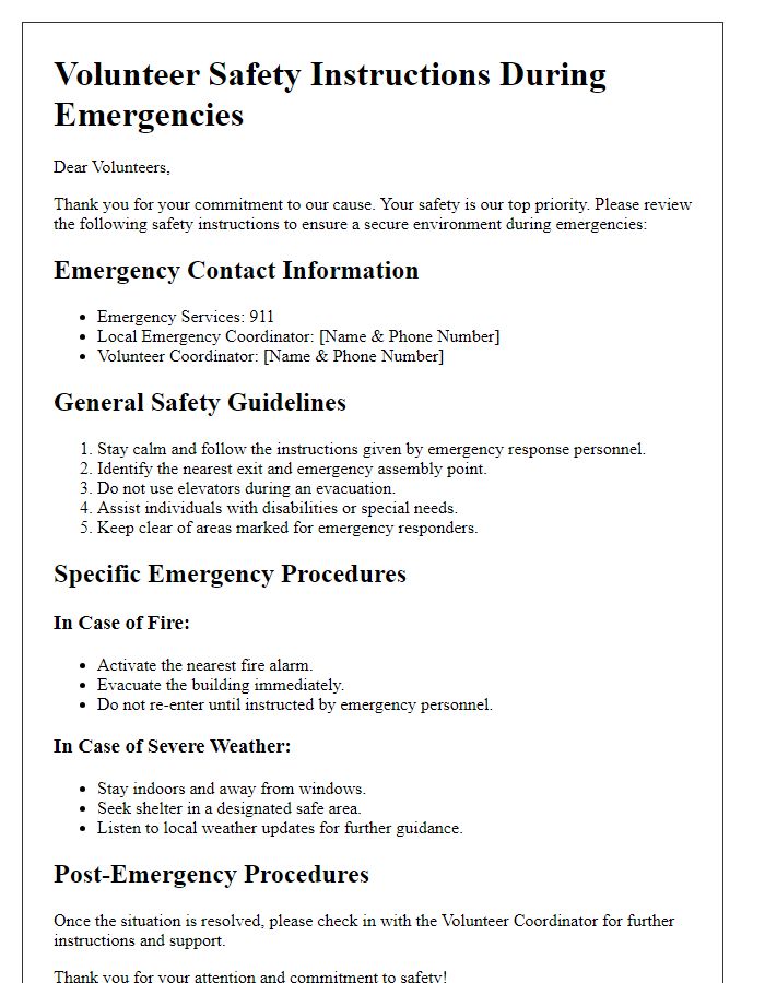 Letter template of volunteer safety instructions during emergencies.