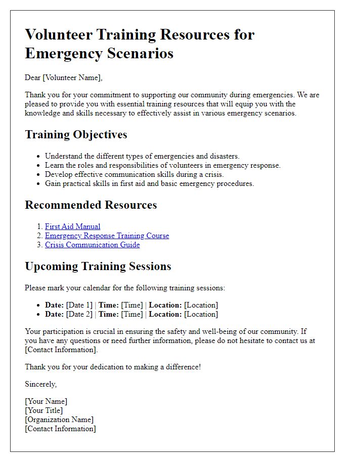 Letter template of volunteer training resources for emergency scenarios.