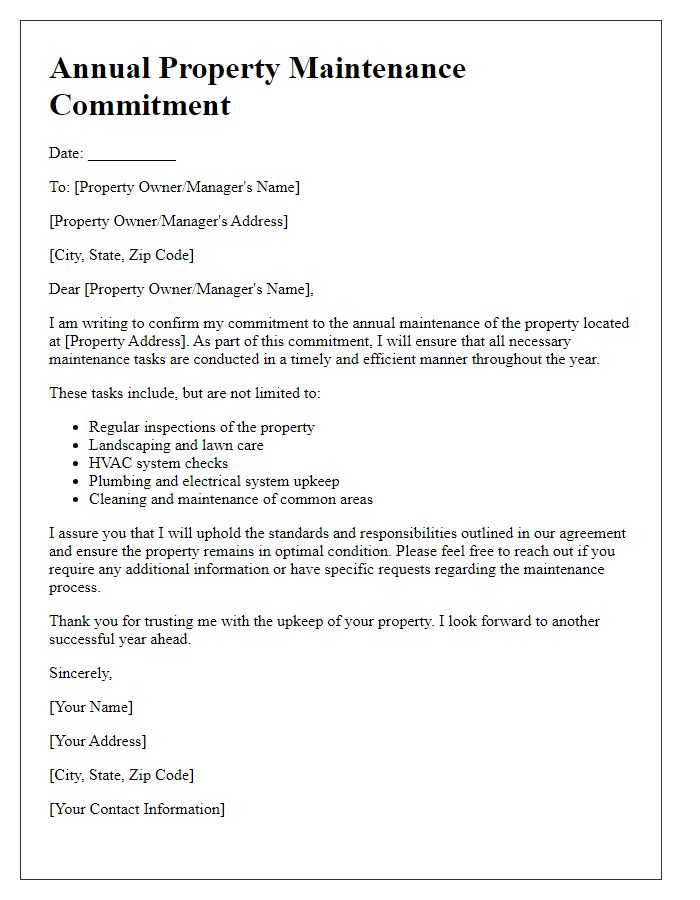 Letter template of annual property maintenance commitment