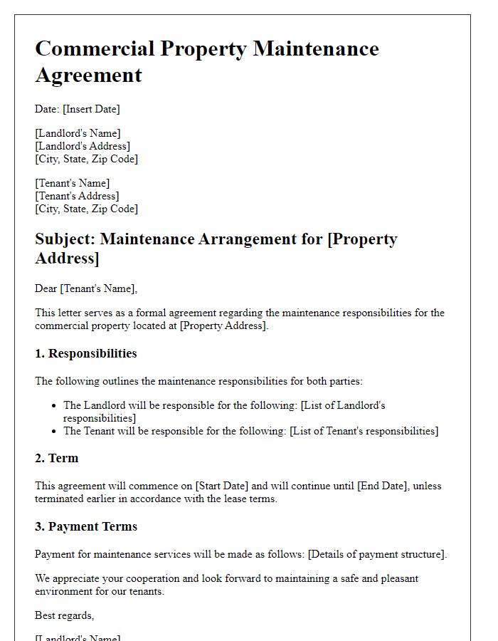 Letter template of commercial property maintenance arrangement