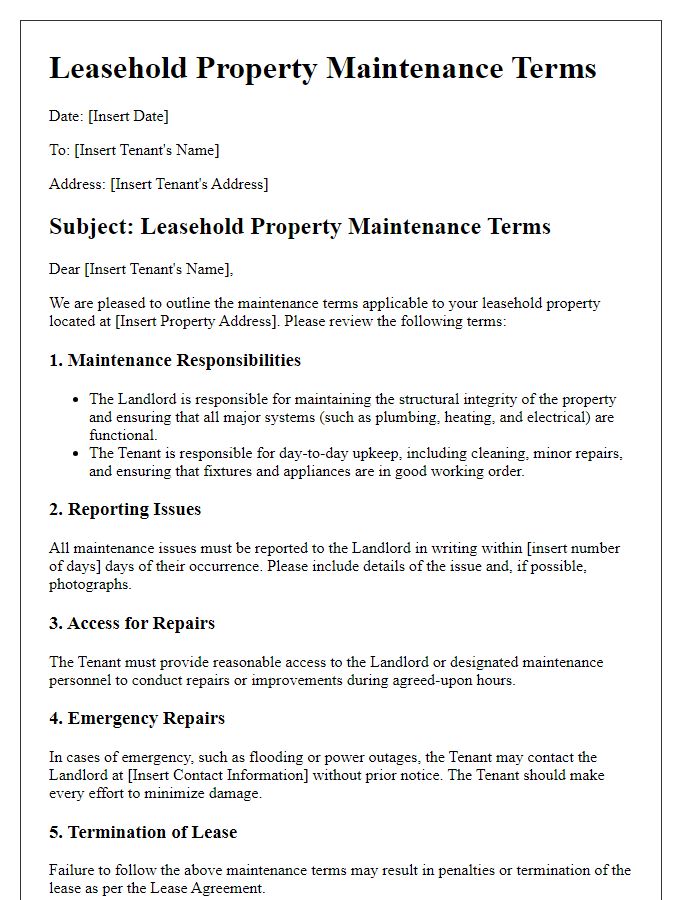 Letter template of leasehold property maintenance terms