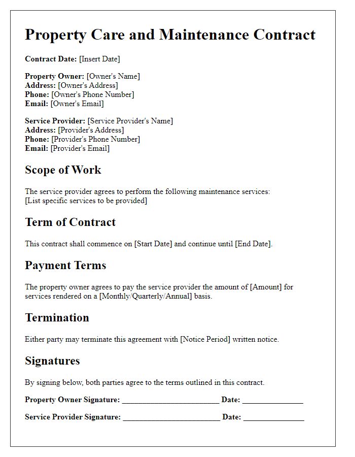 Letter template of property care and maintenance contract