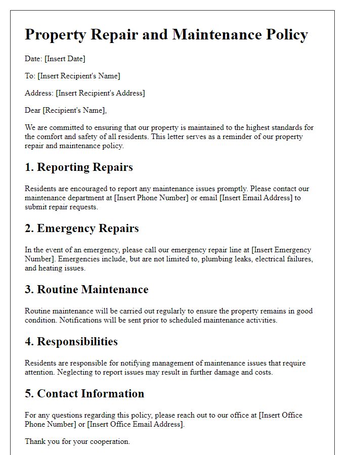 Letter template of property repair and maintenance policy