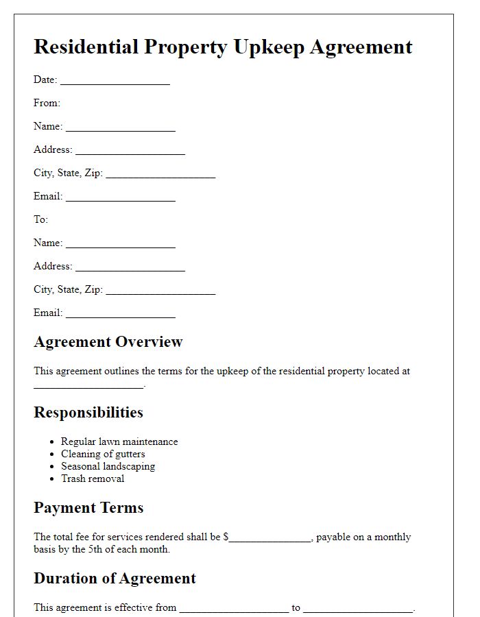 Letter template of residential property upkeep agreement