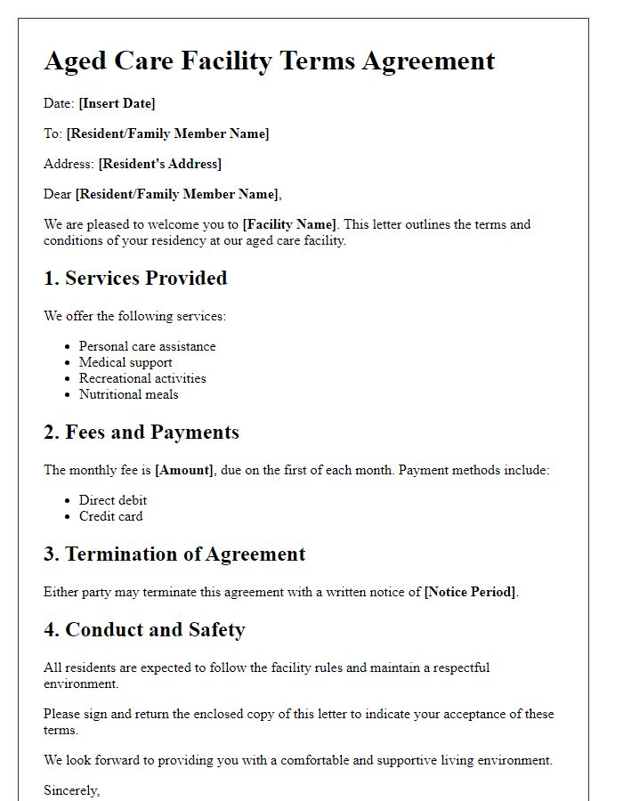 Letter template of aged care facility terms