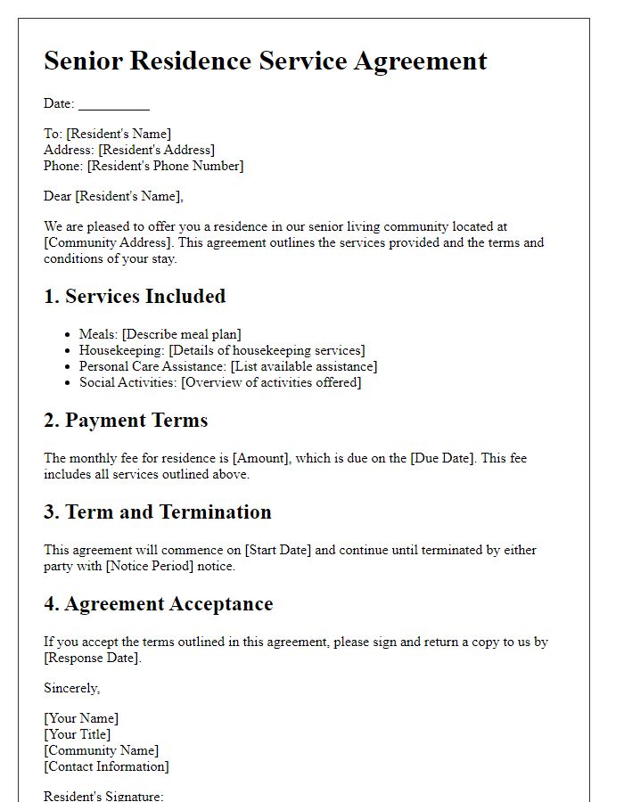 Letter template of senior residence service agreement