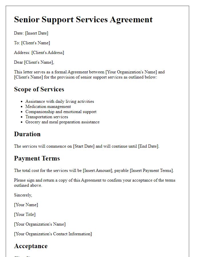 Letter template of senior support services agreement