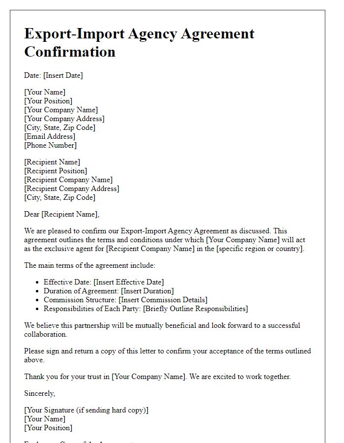 Letter template of Export-Import Agency Agreement Confirmation