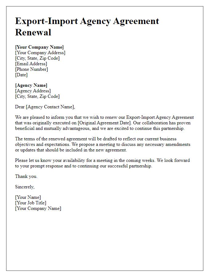 Letter template of Export-Import Agency Agreement Renewal