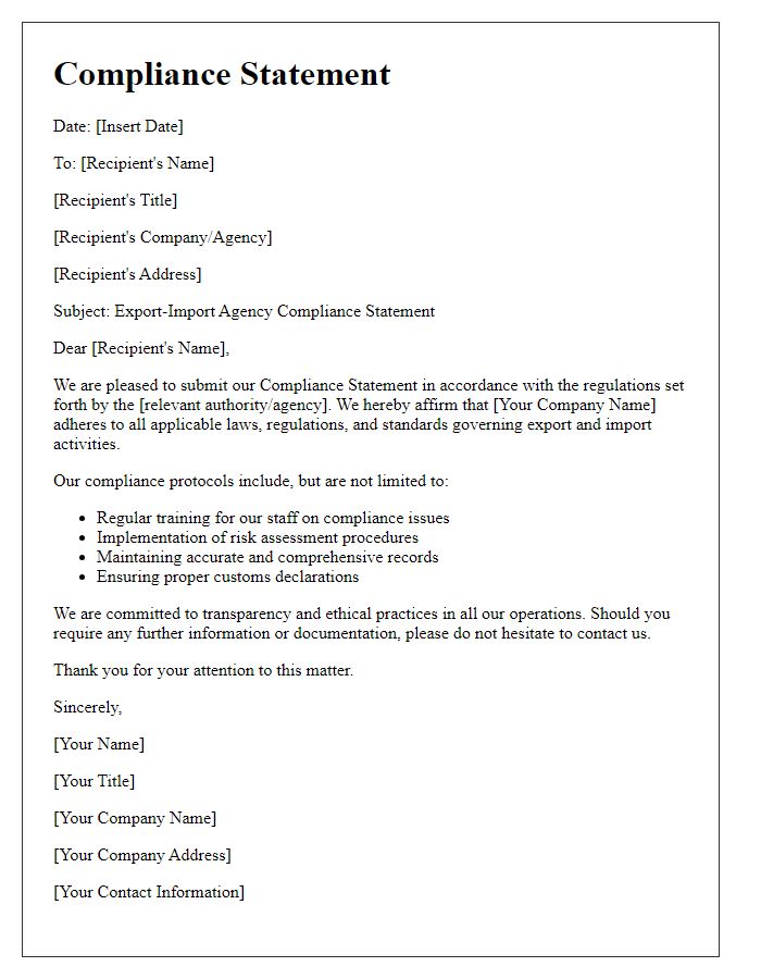 Letter template of Export-Import Agency Compliance Statement