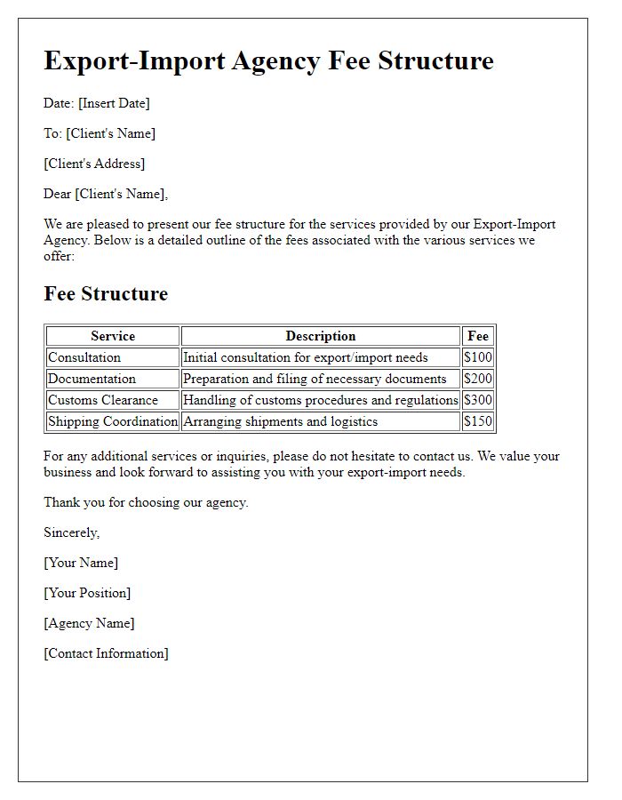 Letter template of Export-Import Agency Fee Structure