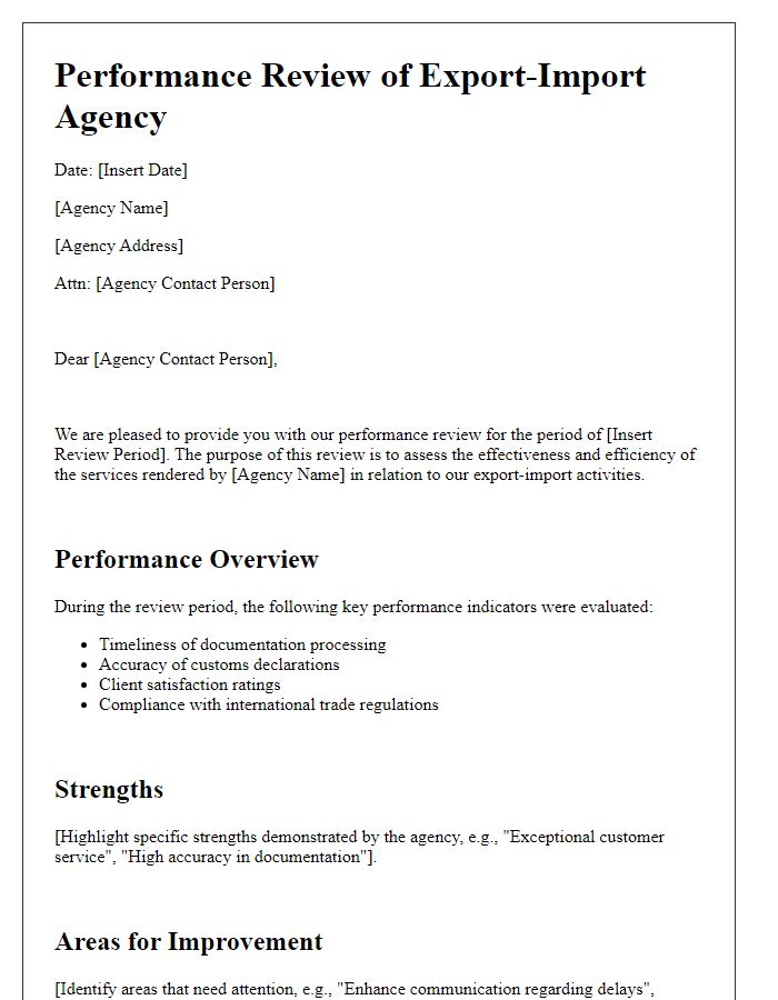 Letter template of Export-Import Agency Performance Review