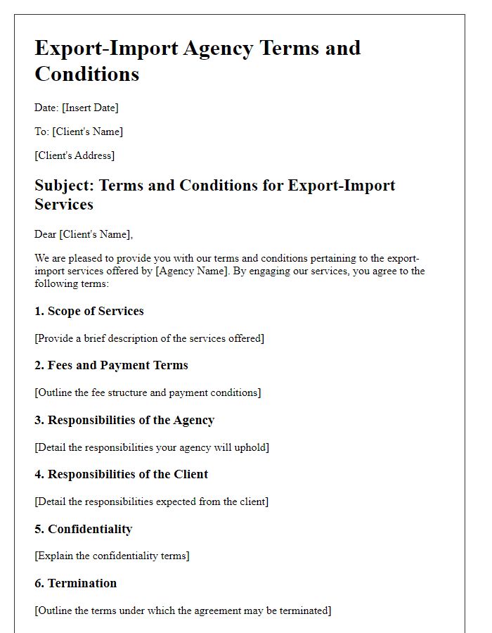 Letter template of Export-Import Agency Terms and Conditions