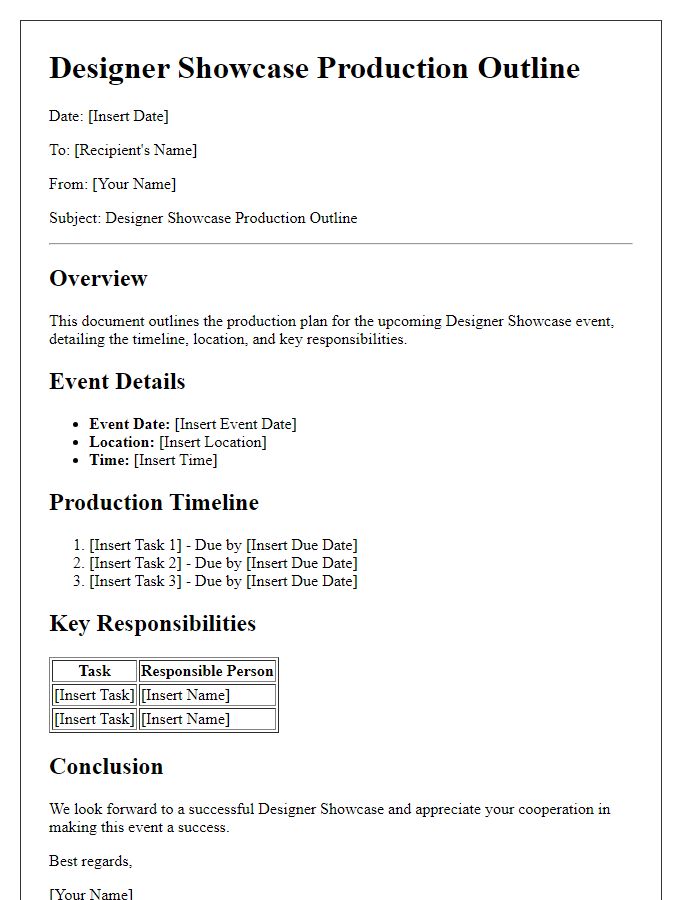 Letter template of designer showcase production outline