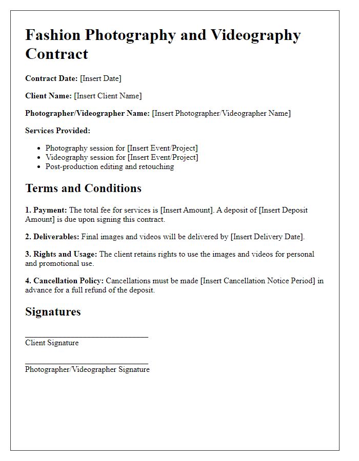 Letter template of fashion photography and videography contract