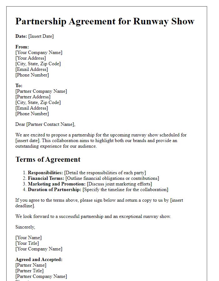 Letter template of runway show partnership agreement