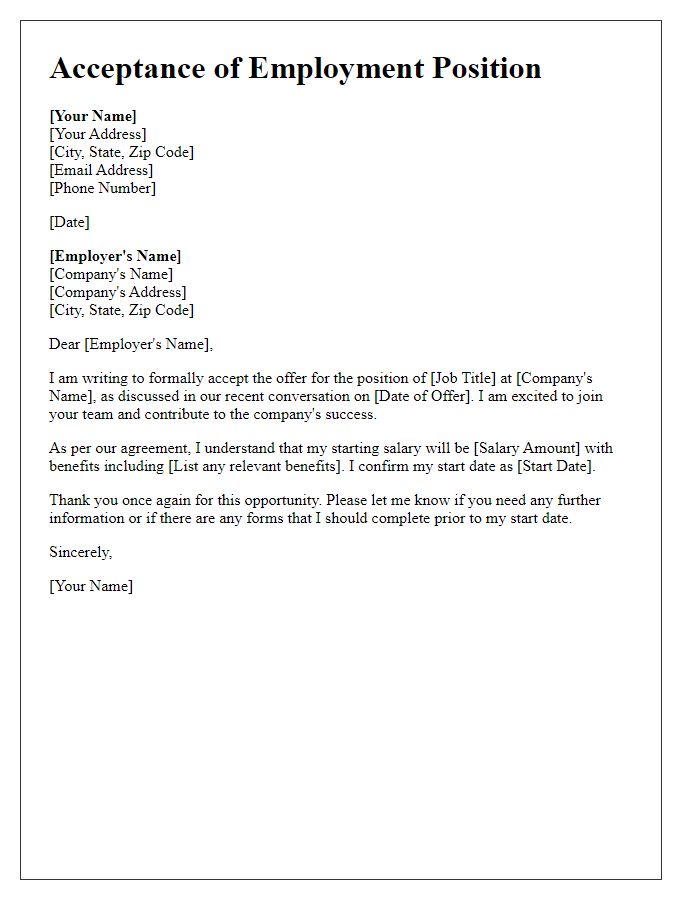 Letter template of Acceptance of Employment Position