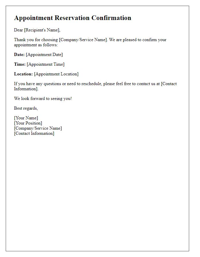 Letter template of Appointment Reservation Confirmation