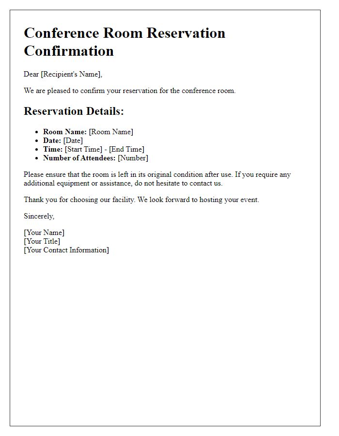 Letter template of Conference Room Reservation Confirmation