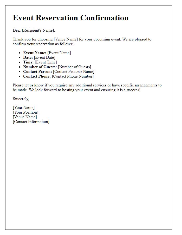 Letter template of Event Reservation Confirmation