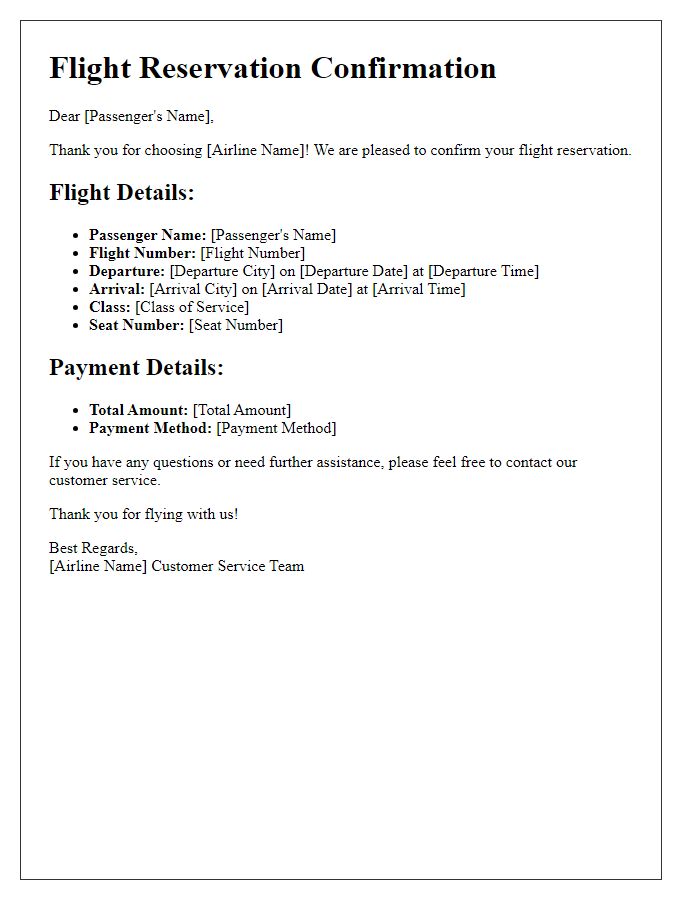 Letter template of Flight Reservation Confirmation