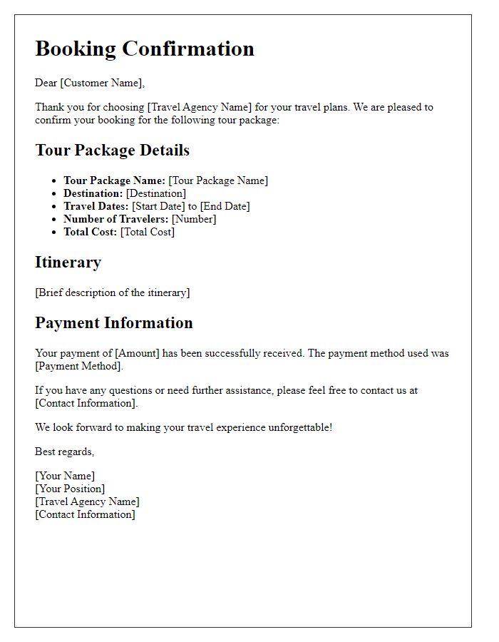 Letter template of Tour Package Booking Confirmation