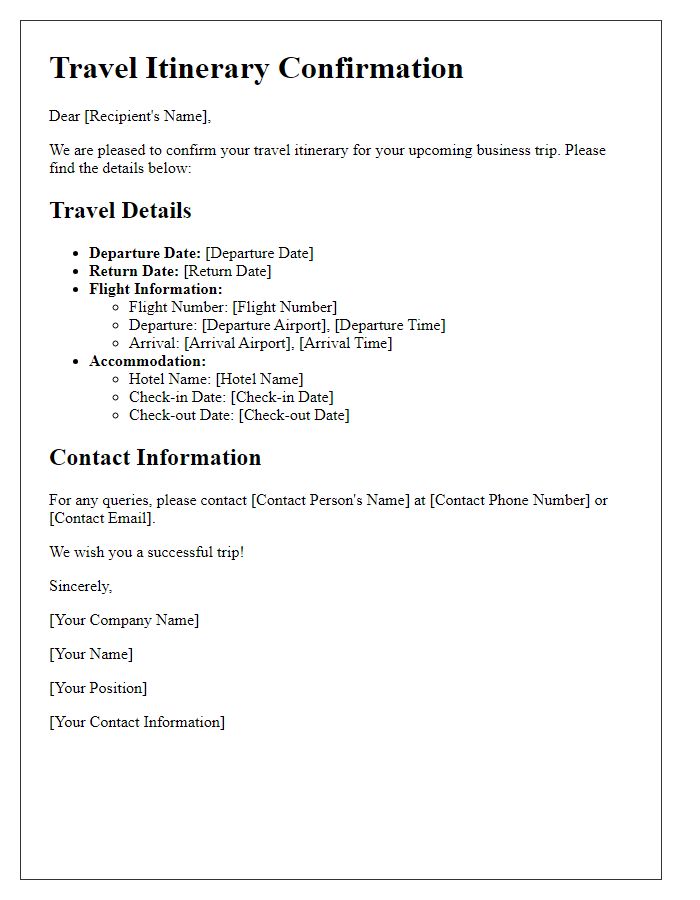 Letter template of travel itinerary confirmation for business trip