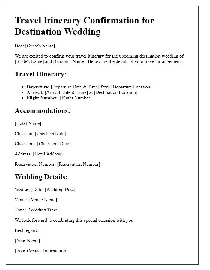 Letter template of travel itinerary confirmation for destination wedding