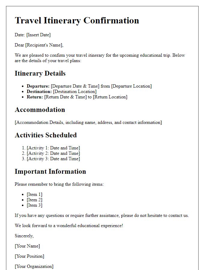 Letter template of travel itinerary confirmation for educational trip