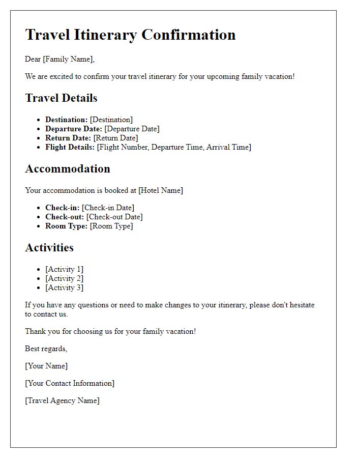 Letter template of travel itinerary confirmation for family vacation