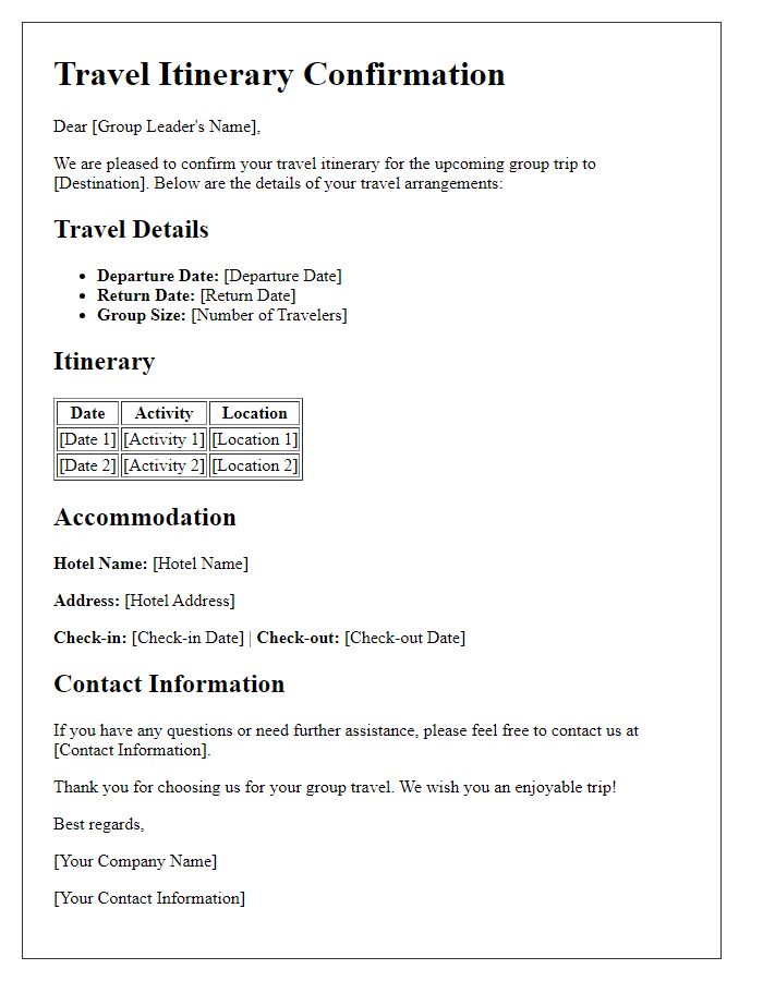 Letter template of travel itinerary confirmation for group travel