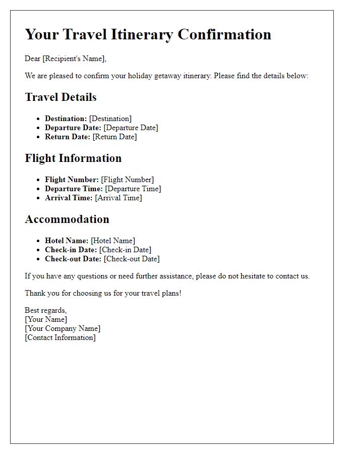 Letter template of travel itinerary confirmation for holiday getaway