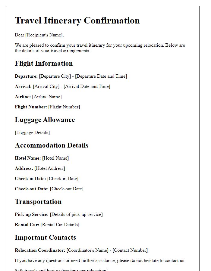 Letter template of travel itinerary confirmation for relocation