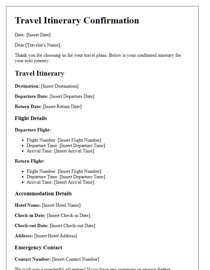 Letter template of travel itinerary confirmation for solo journey