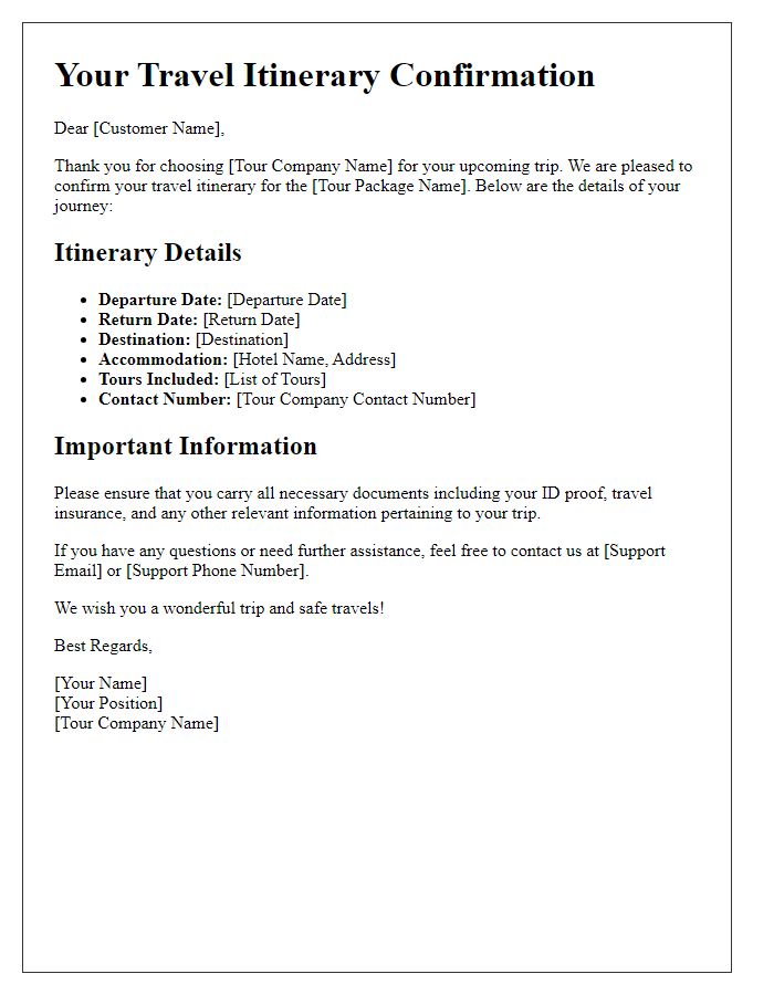 Letter template of travel itinerary confirmation for tour package