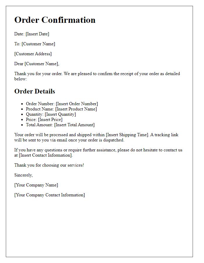 Letter template of confirmation of order intake