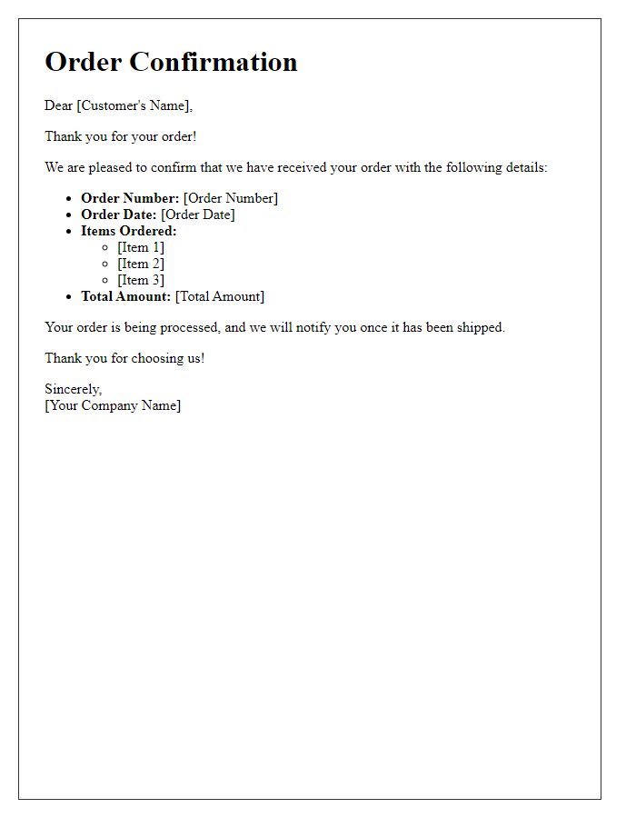 Letter template of confirmation for received order