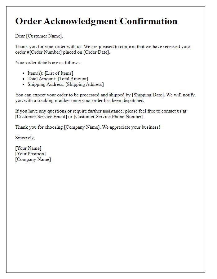 Letter template of order acknowledgment confirmation