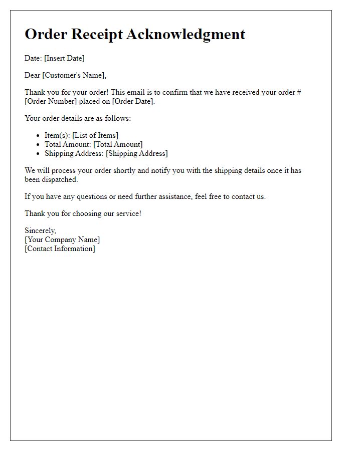 Letter template of order receipt acknowledgment