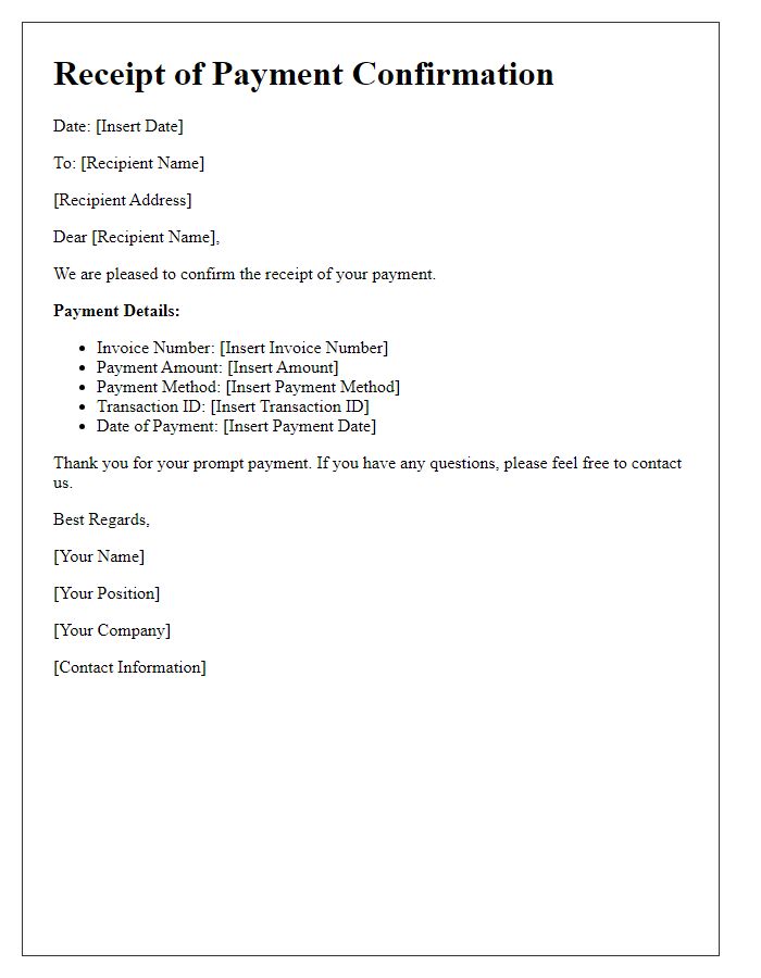 Letter template of Receipt of Payment Confirmation