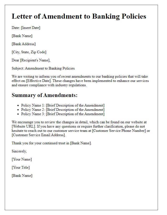 Letter template of amendments in banking policies