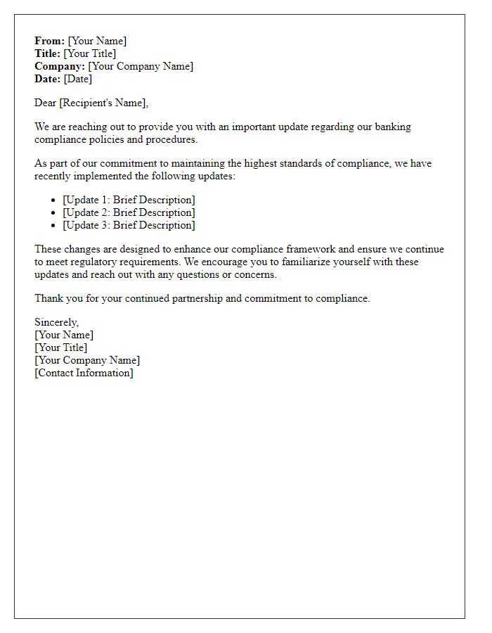 Letter template of banking compliance update communication