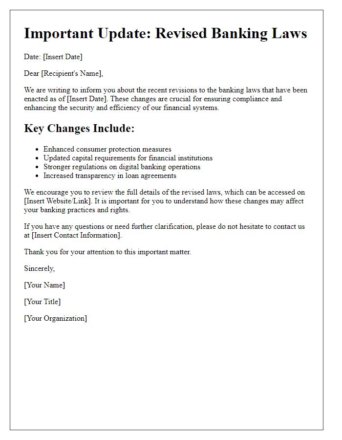 Letter template of information on revised banking laws